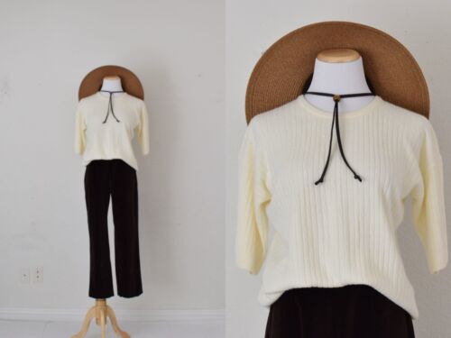 Vintage 80s/90s Beige Acrylic Knit Pullover Top |… - image 1