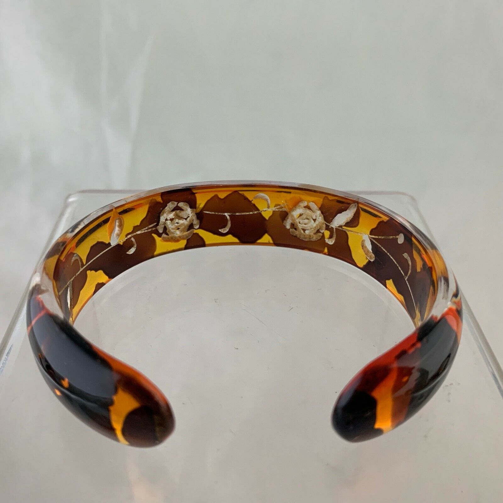 VINTAGE CELLULOID AMBER CARVED ROSE FLOWER CUFF B… - image 6