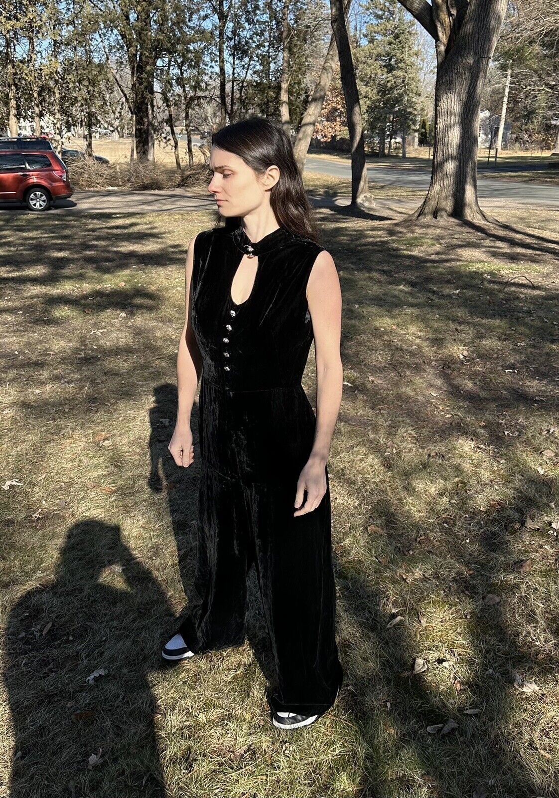 1960s Black Velvet Wide Leg Jumpsuit - image 7