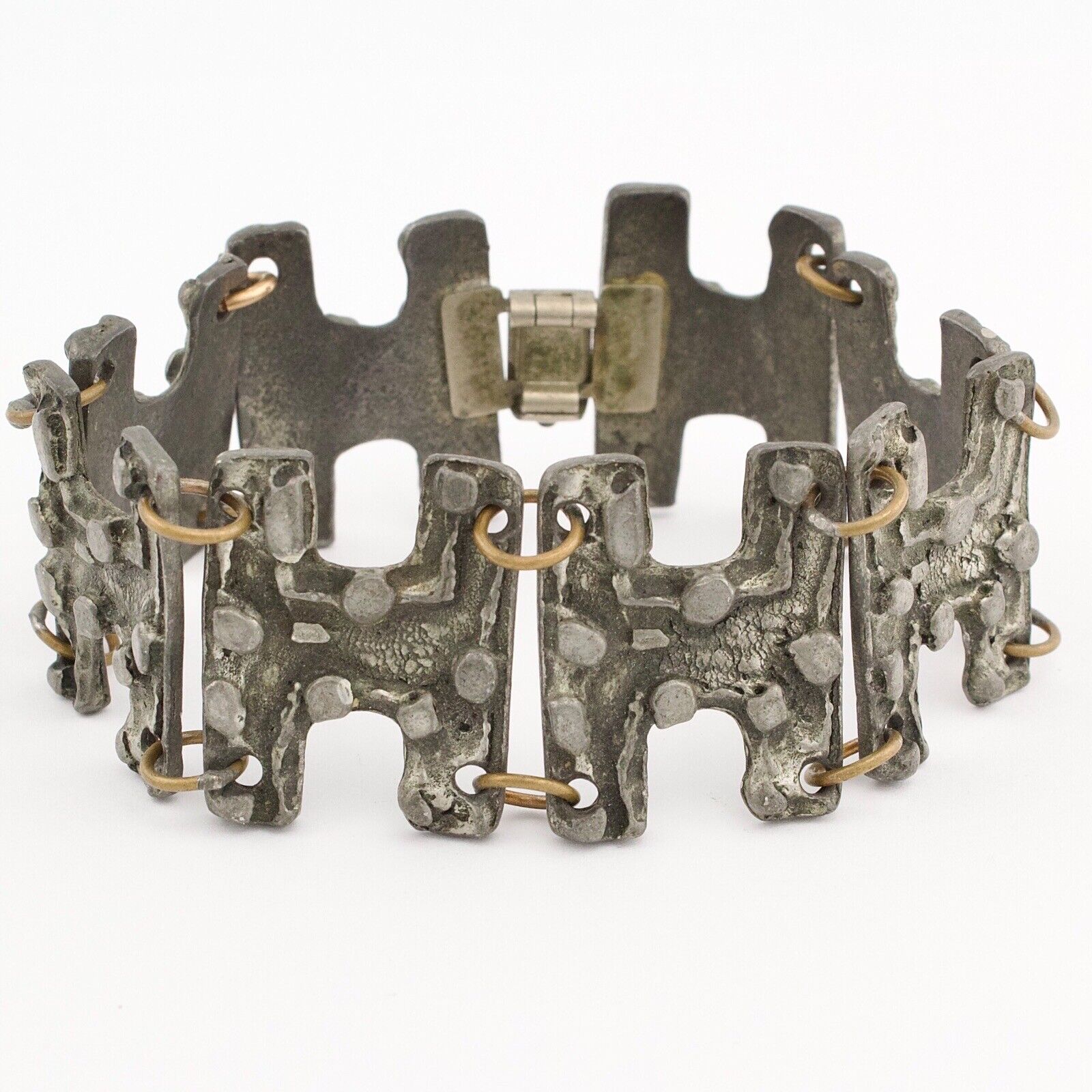 Vintage Robert Larin Pewter Panel Link Bracelet B… - image 1