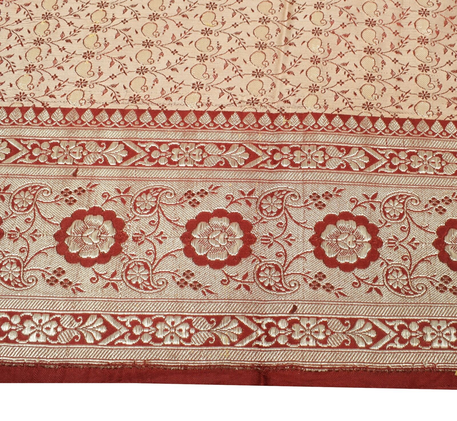 Sushila Vintage Heavy Saree Beige Maroon Pure Sat… - image 14