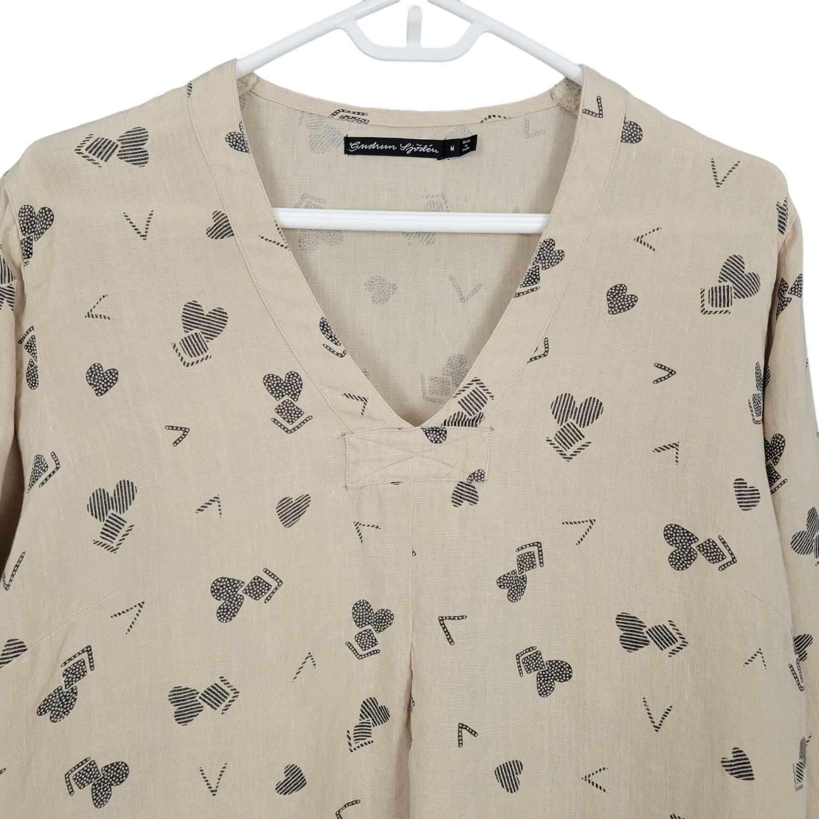 GUDRUN SJODEN Top M Beige Heart Print Linen 3/4 S… - image 7