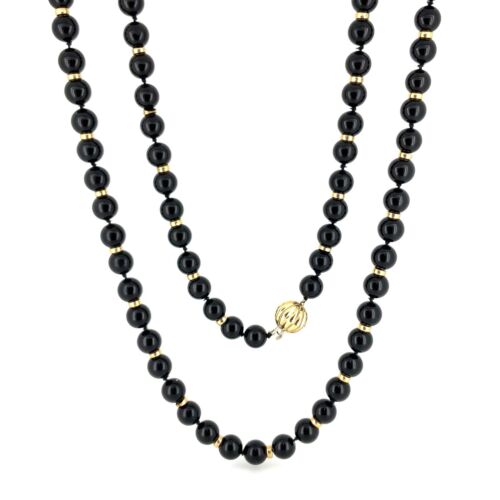 Long Black Onyx 14K Yellow Gold 10mm Bead Necklac… - image 1