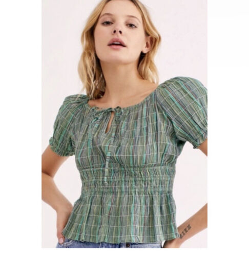 Free People Vivi Smocked Plaid Blouse Medium Women