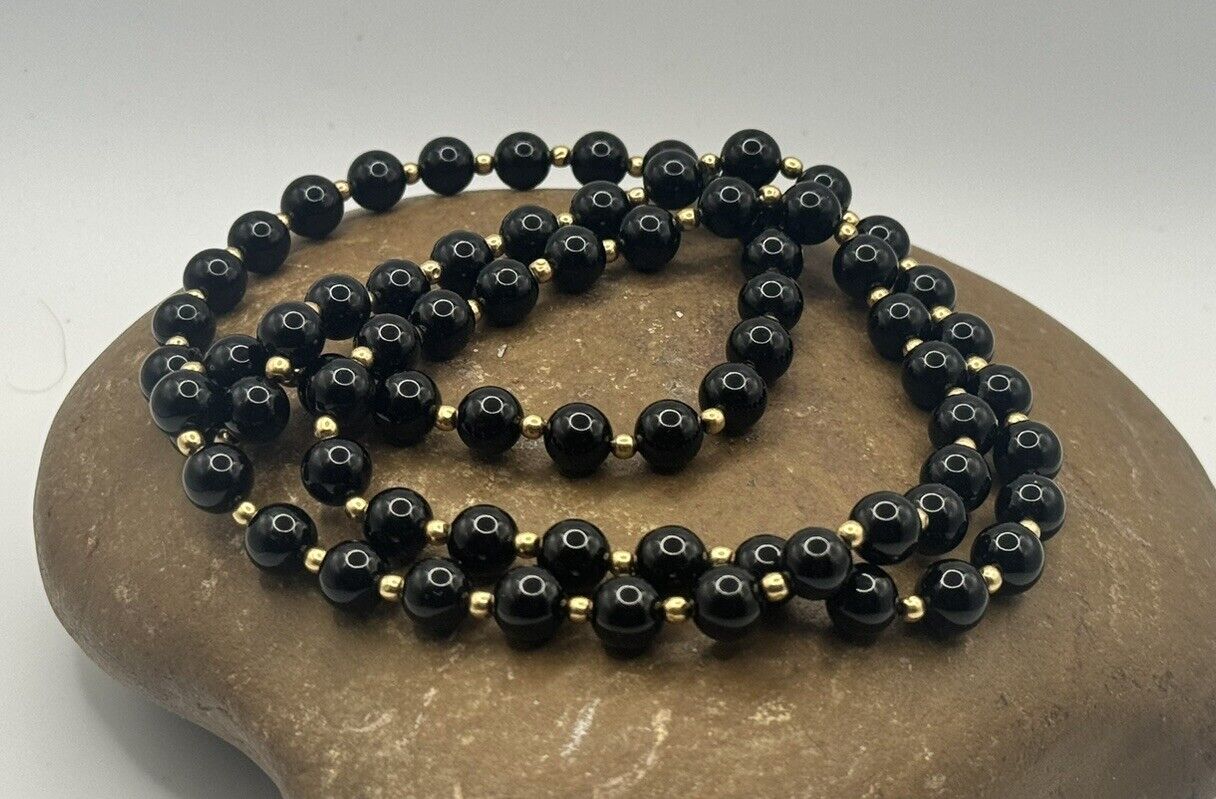 Vintage Black Onyx Bead with 14k Yellow Gold Long… - image 8