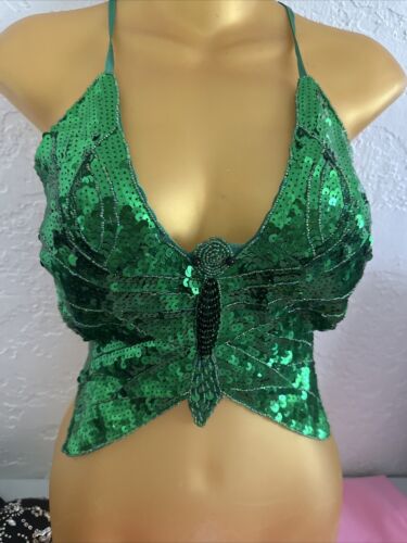 Green Y2K Butterfly Sequin Crop Top Womens Size S… - image 1