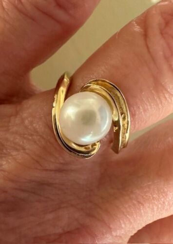 14K Yellow Gold 8mm Genuine Cultured Pearl Ring Si