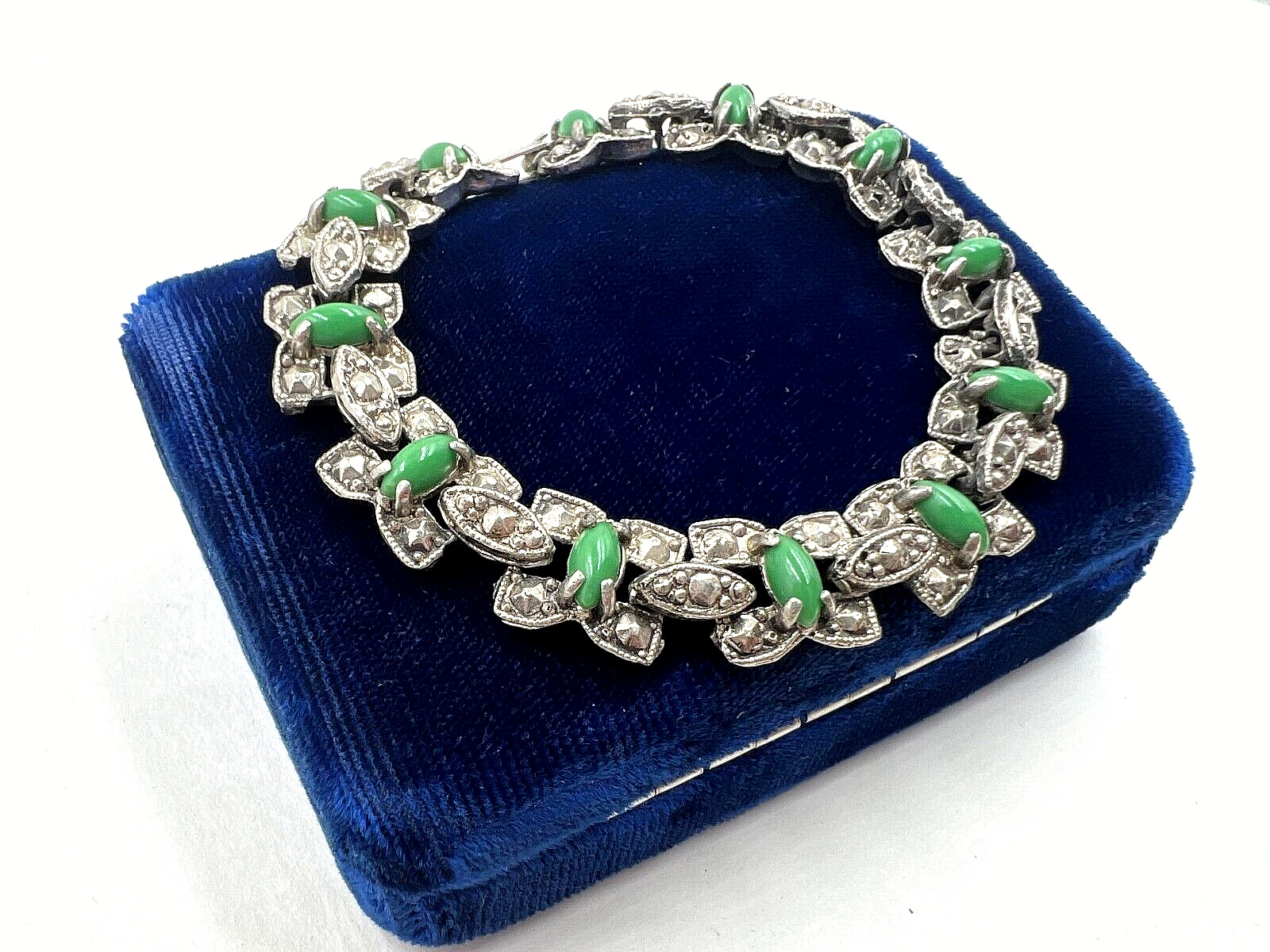 ANTIQUE ART DECO BRACELET GREEN JADE GLASS CABOCH… - image 7