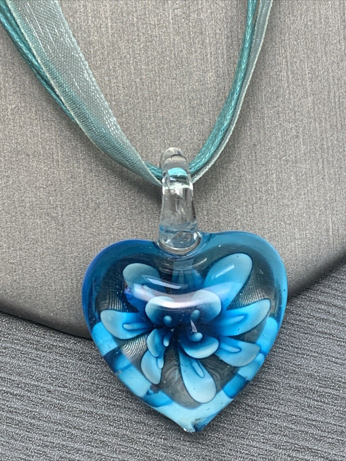 Vintage Blue Aqua Heart Art Glass Pendant Necklac… - image 2