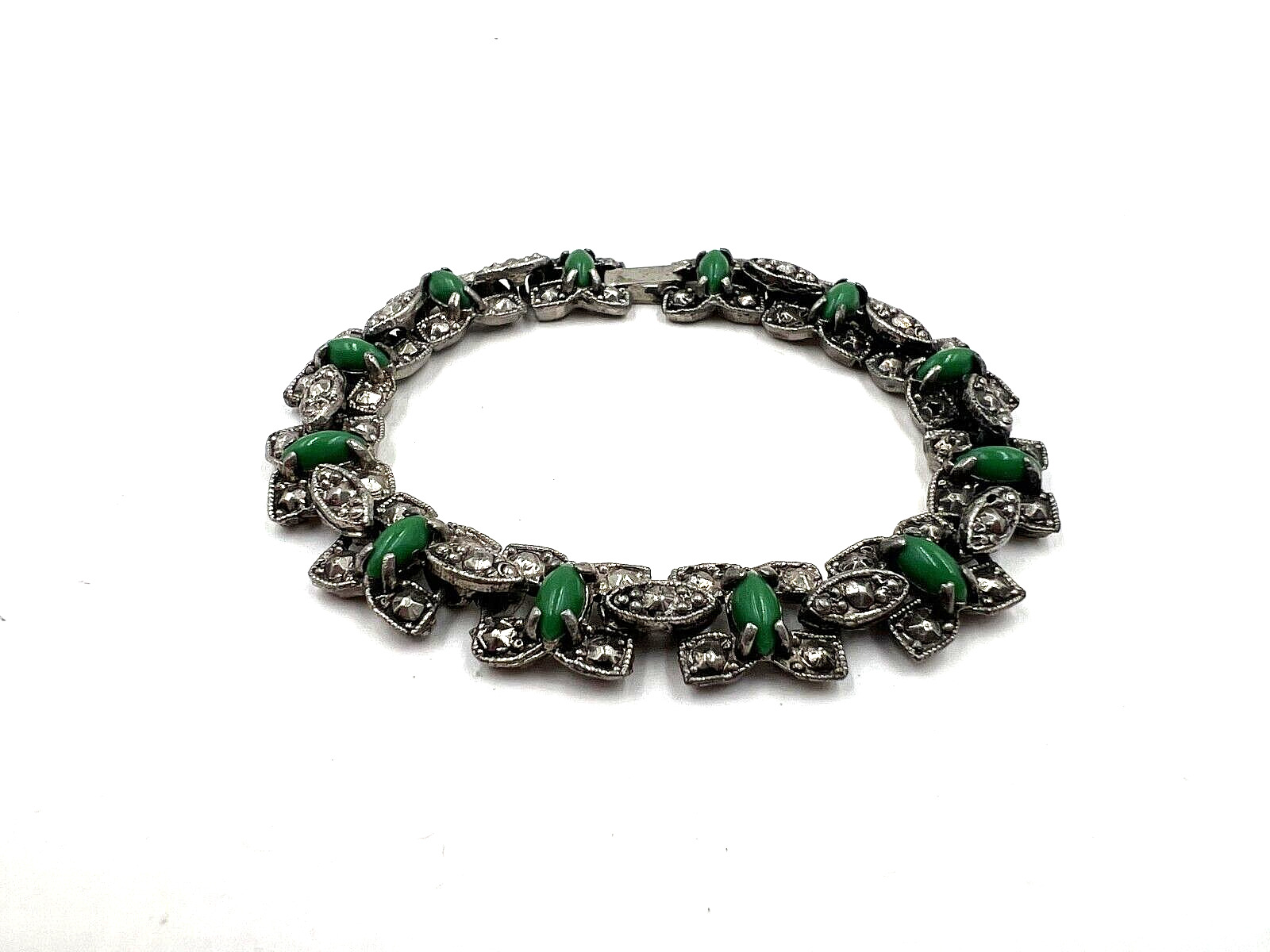 ANTIQUE ART DECO BRACELET GREEN JADE GLASS CABOCH… - image 13