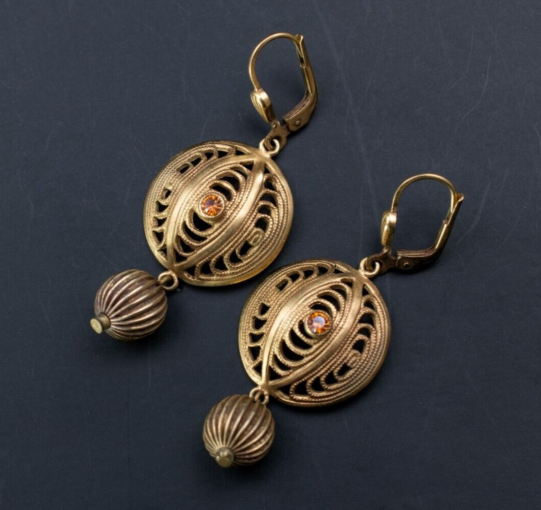 Gold filigree earrings dangle, fancy golden circl… - image 1