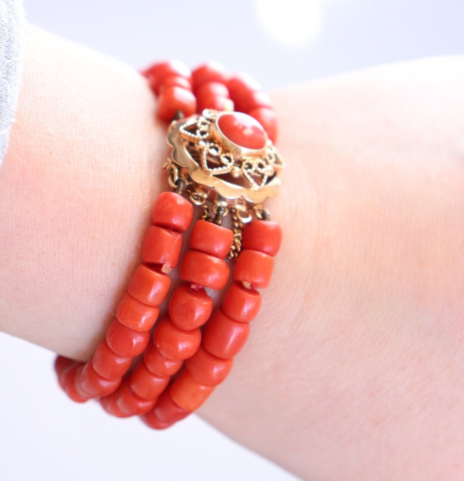 Vintage 3 Row Red Coral Bracelet Dutch Clasp 14k … - image 7