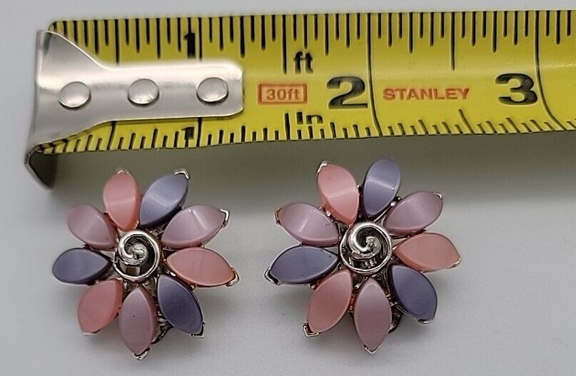 Vintage Silver Floral Clip-On Earrings Pastel Pin… - image 4