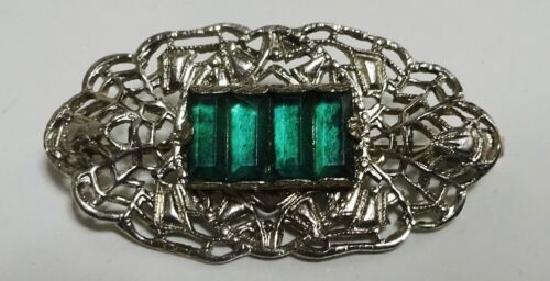 Dainty Vintage Art Deco Silver Filigree Green Rhi… - image 1