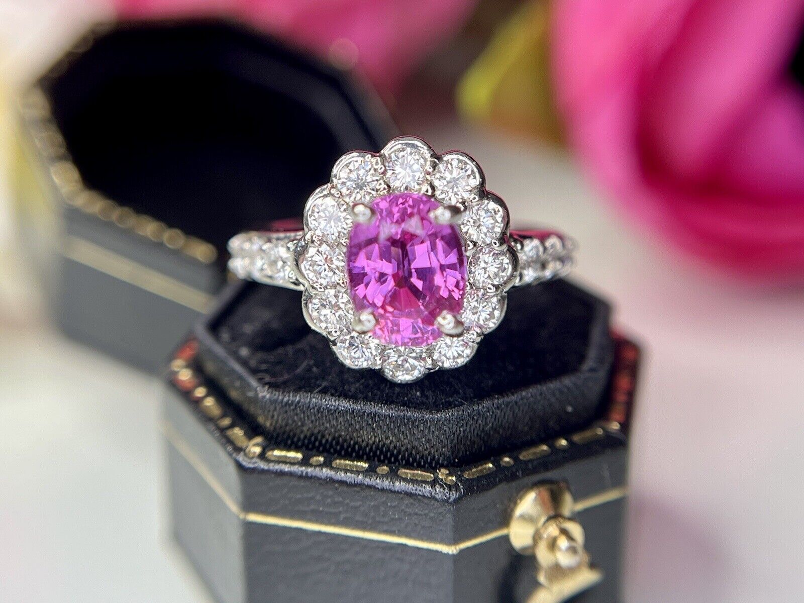 Vintage Platinum Natural Pink Sapphire Diamond Ha… - image 12