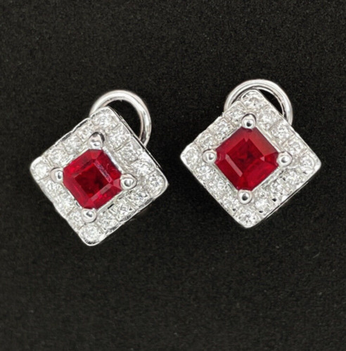 Natural Ruby Diamond Earrings 18K White Gold Squa… - image 1