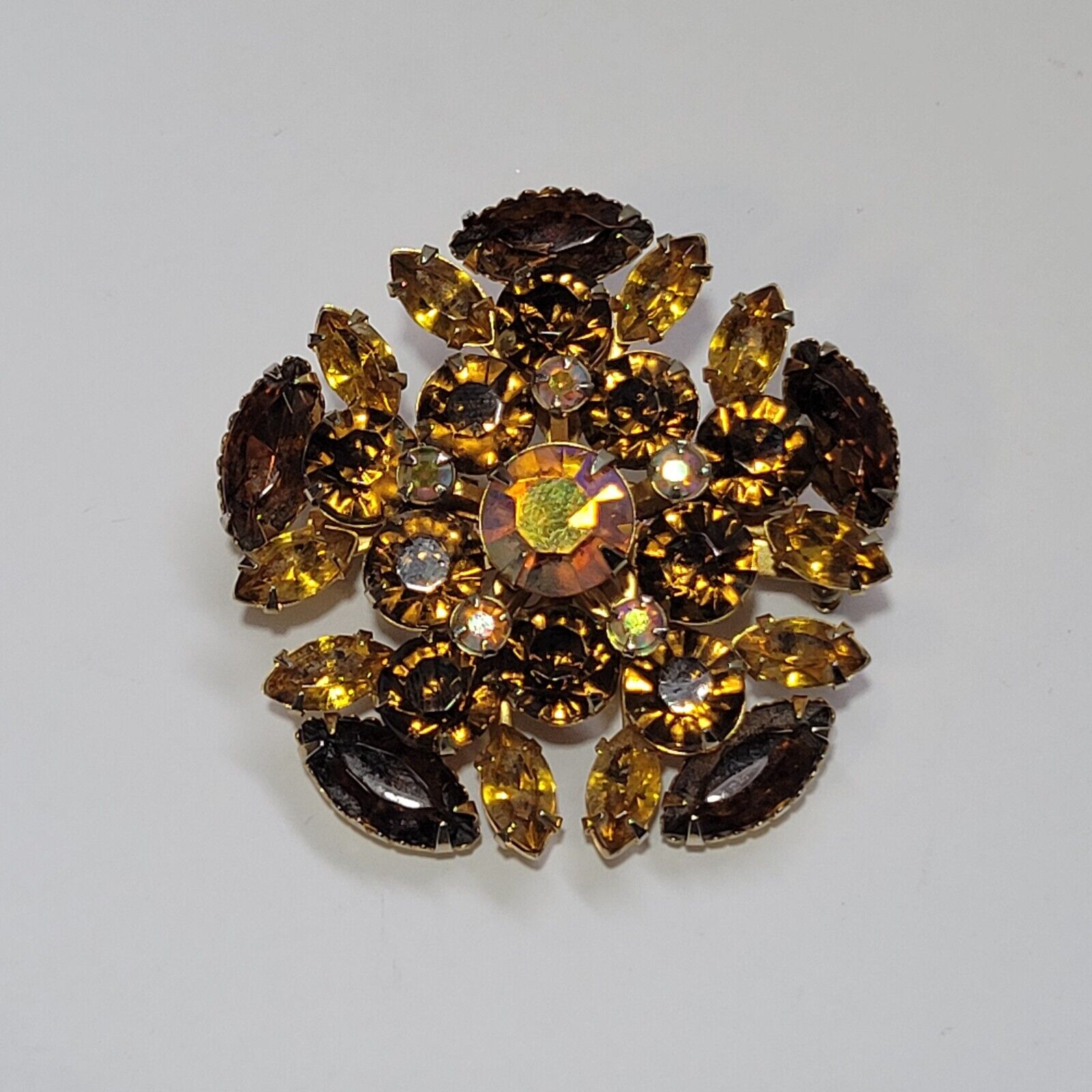 Vintage Root Beer Amber AB Rhinestone Flower Clus… - image 1