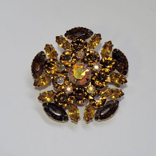 Vintage Root Beer Amber AB Rhinestone Flower Clus… - image 1