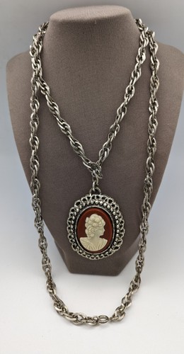 Vintage Cameo Large Chain Silver Tone Necklace - image 1