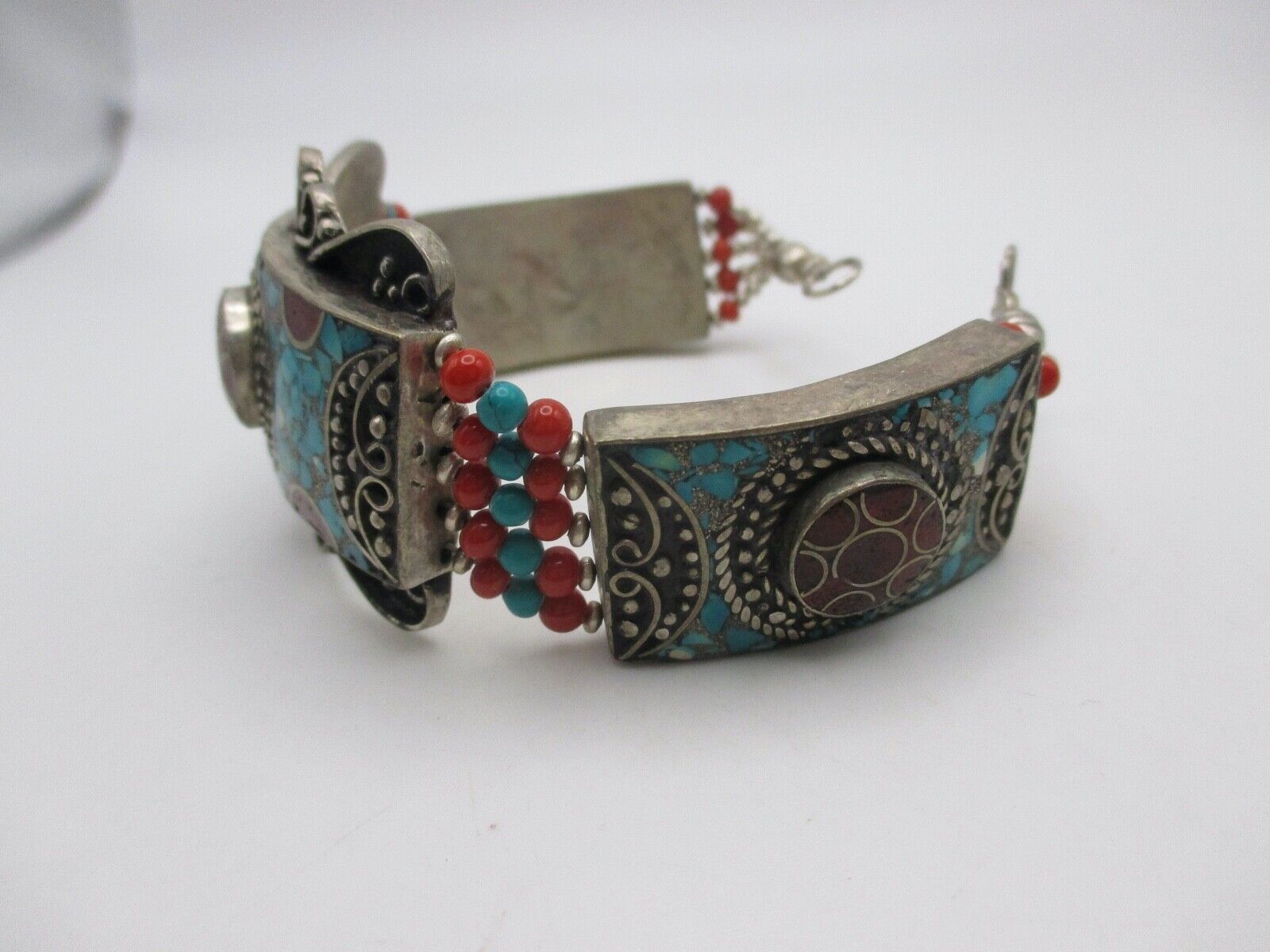 VINTAGE TIBETAN TURQUOISE & CORAL Mosaic Cuff Bra… - image 4