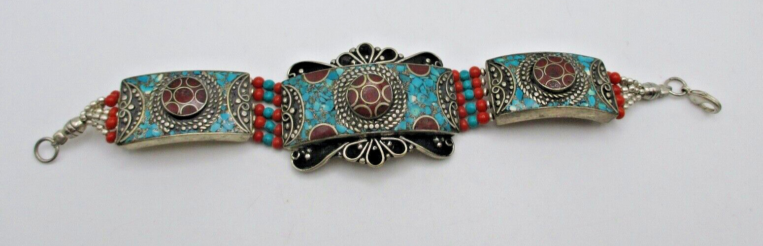 VINTAGE TIBETAN TURQUOISE & CORAL Mosaic Cuff Bra… - image 1