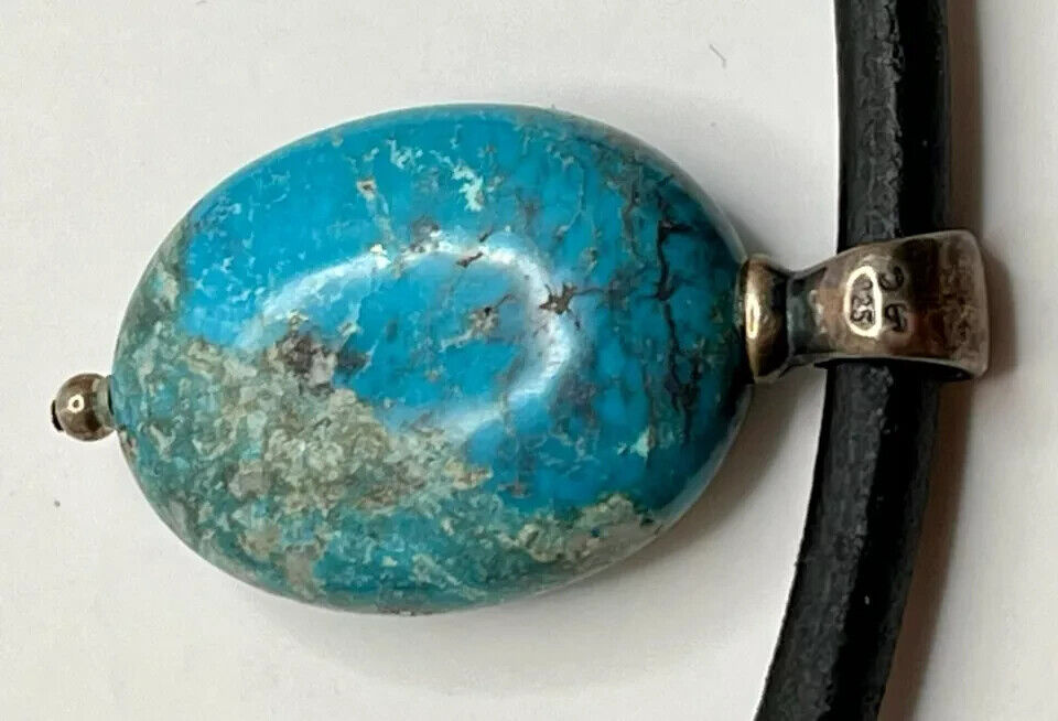 VTG 925-SS & Pyrite Turquoise Pendant Leather Nec… - image 11