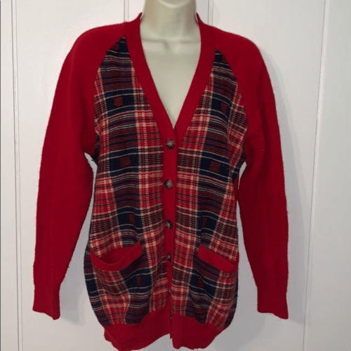 Vtg 80s Lee Sophy plaid wool cardigan sweater - image 1