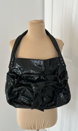 Perlina Black Snakeskin Embossed Satchel