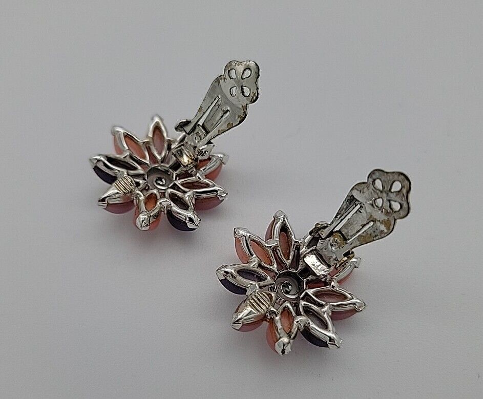 Vintage Silver Floral Clip-On Earrings Pastel Pin… - image 6