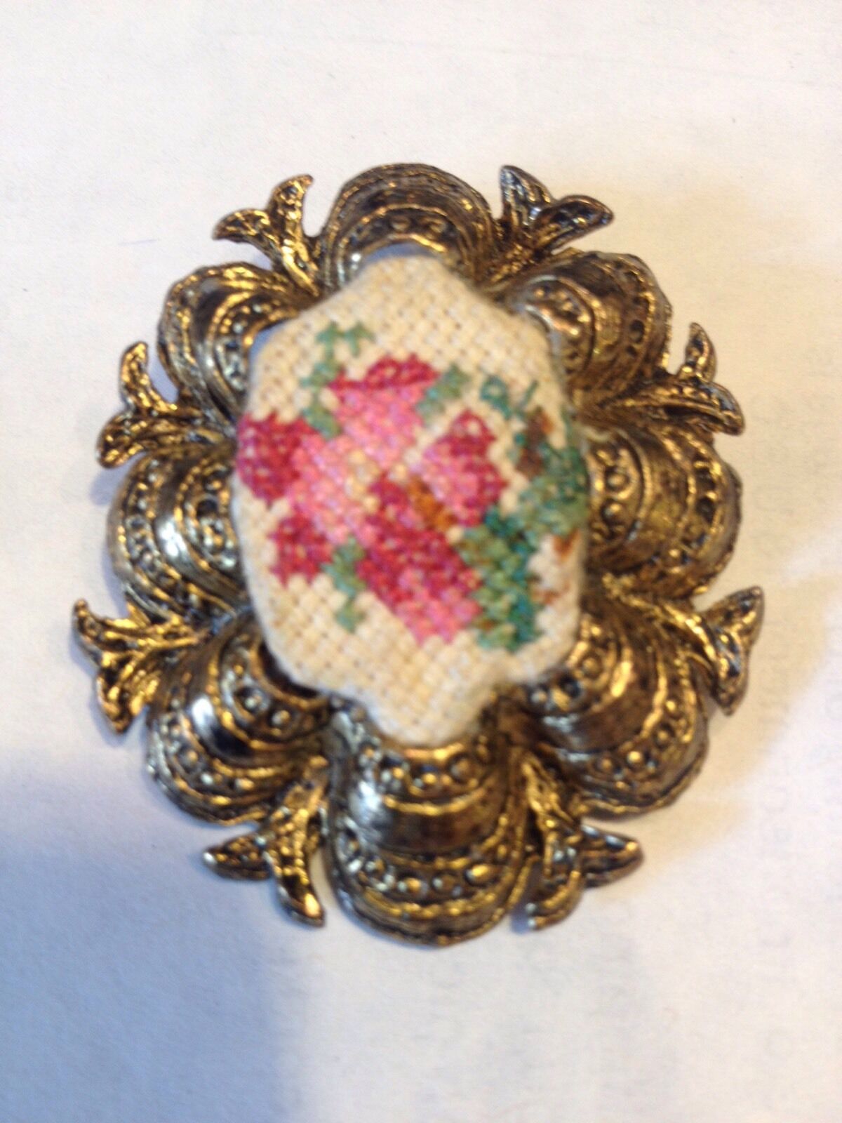 vtg 70s Pin Gold Tone floral Cross Stitched Cente… - image 1