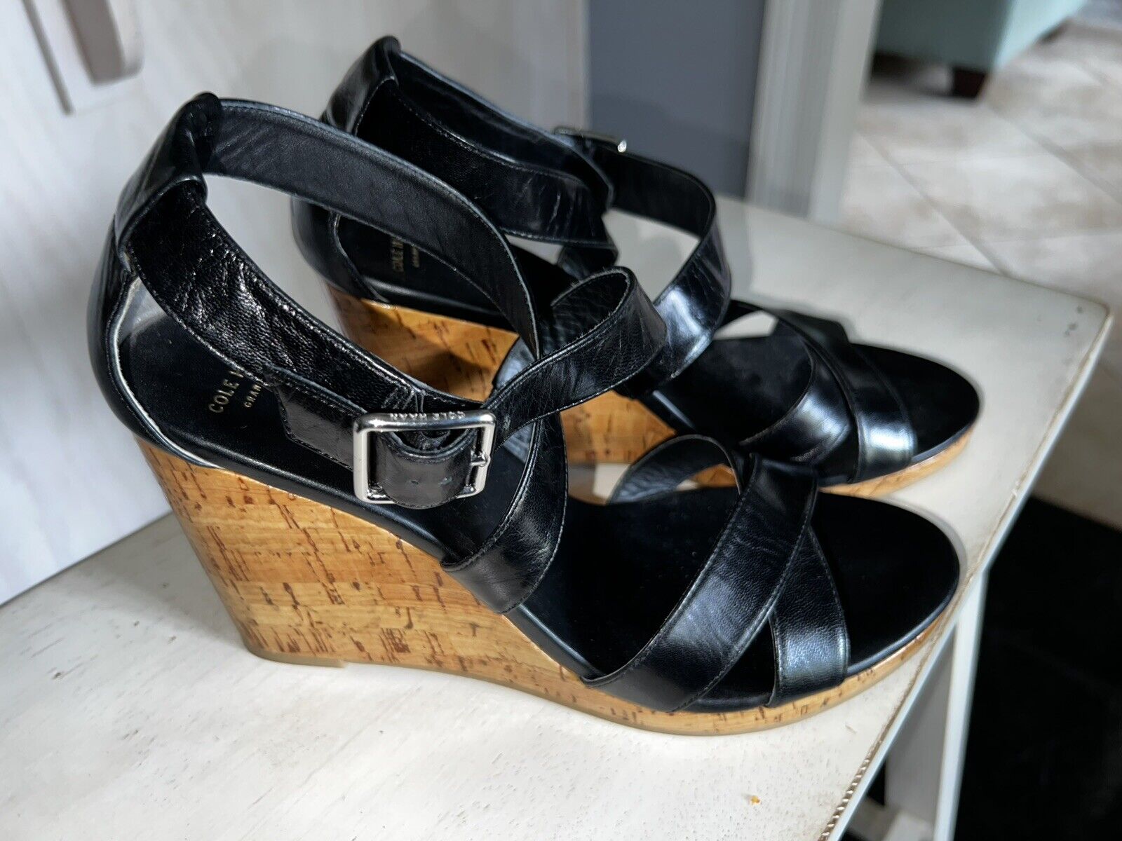 Cole Haan Black Leather Strappy Wedge Size 9B - image 3