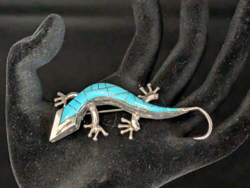 Silver colored and enameled turquoise brooch pin … - image 1