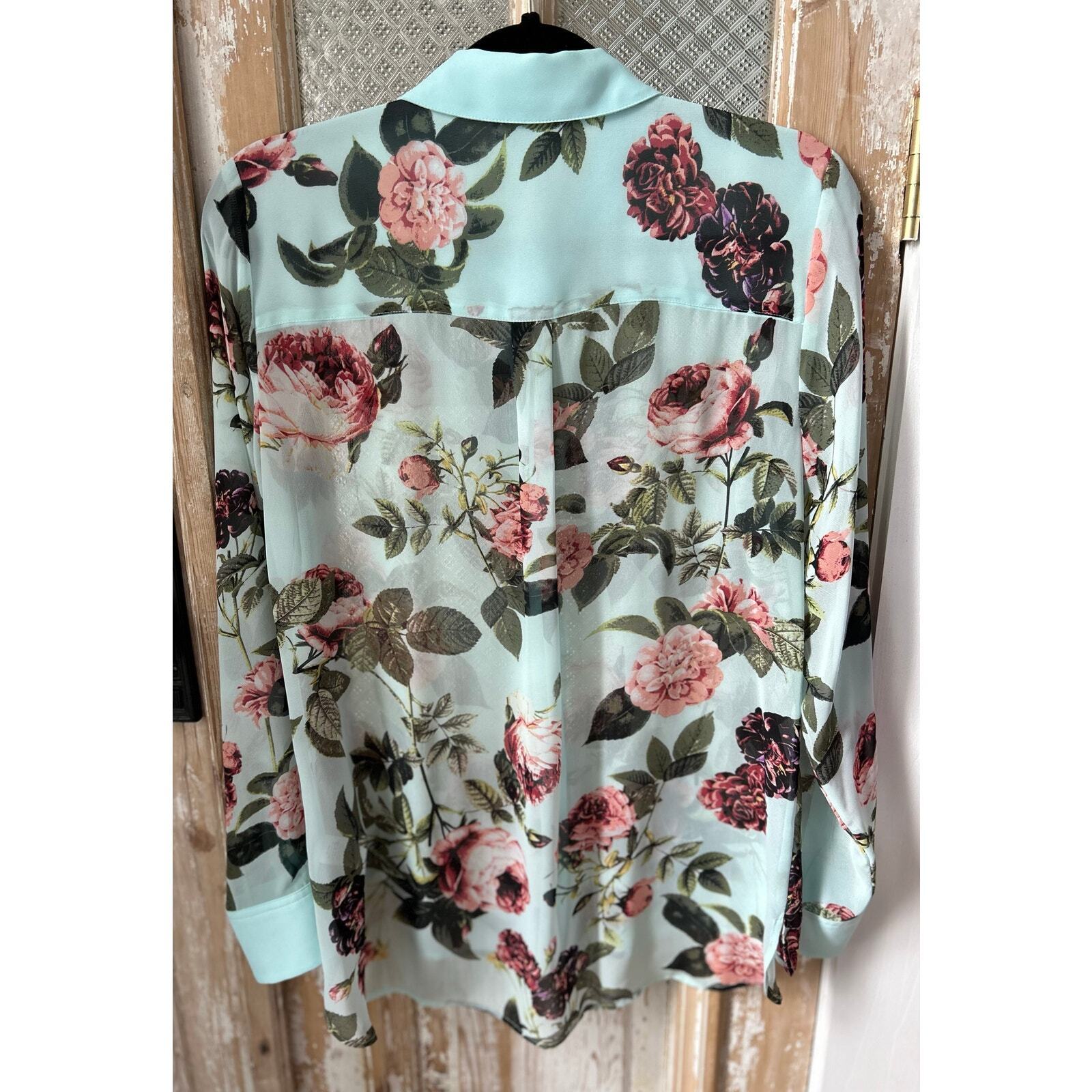 Women CeCe Blouse, Floral, Blue, Sheer, Size M - image 3