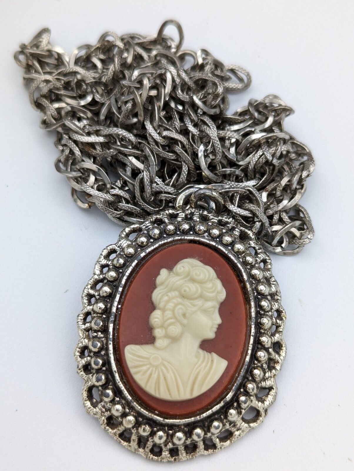 Vintage Cameo Large Chain Silver Tone Necklace - image 16