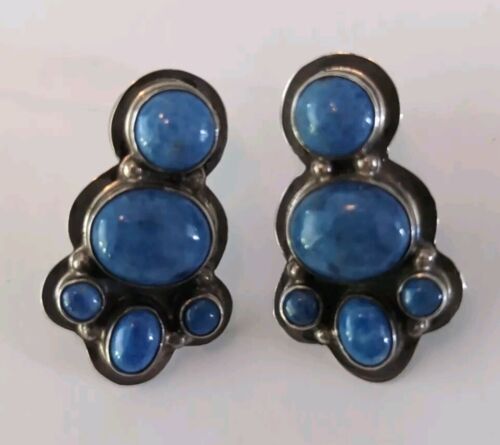 Navajo Victor V. Sterling Lapis Earrings Signed - image 1