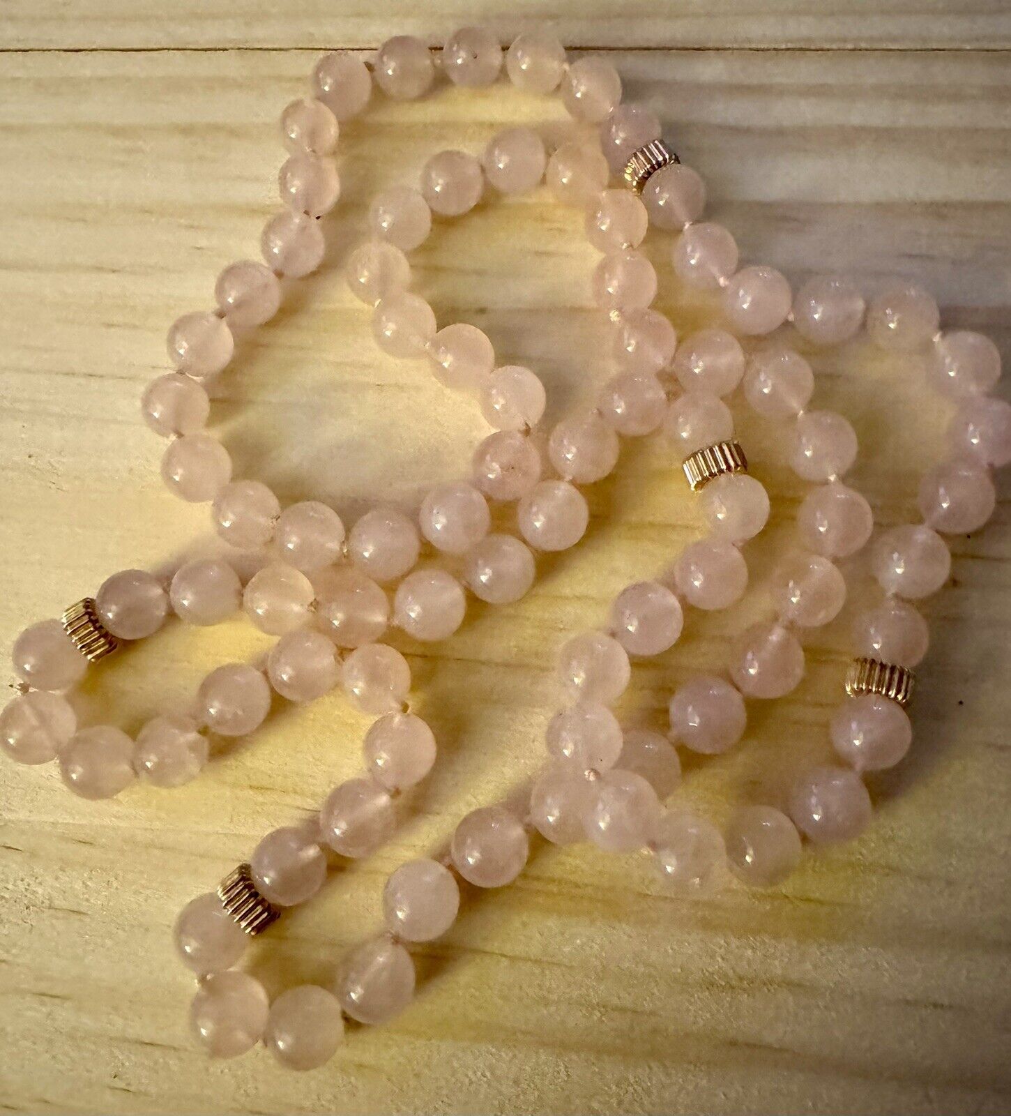 Vintage Hand-Knotted 14k Gold & Rose Quartz Beade… - image 2