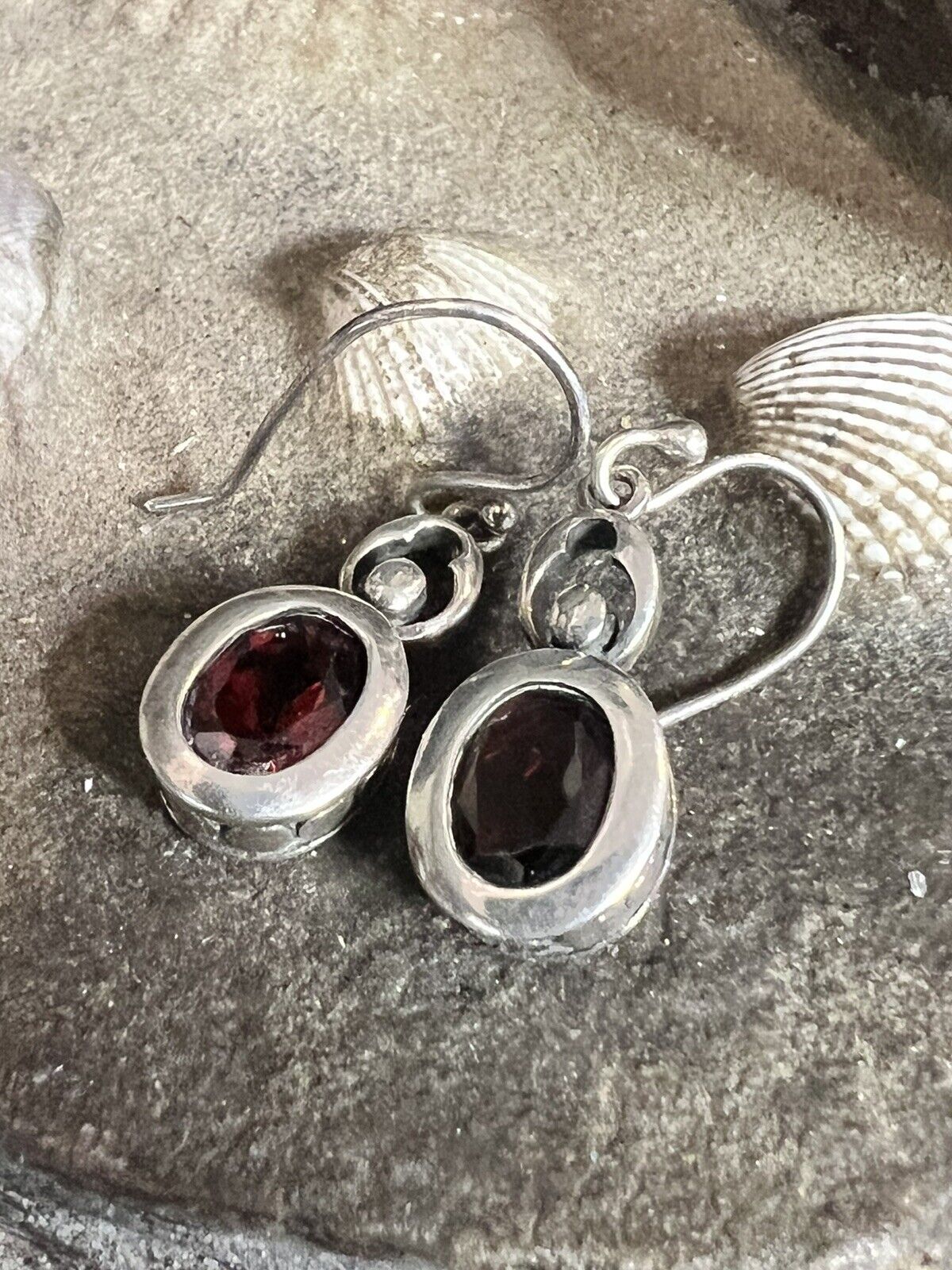 Old Vintage Sterling Silver Garnet Dangle Earrings - image 1