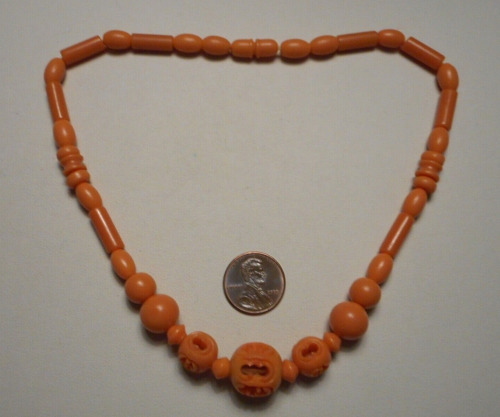 Antique Art Deco Faux Orange Coral Carved Cellulo… - image 1