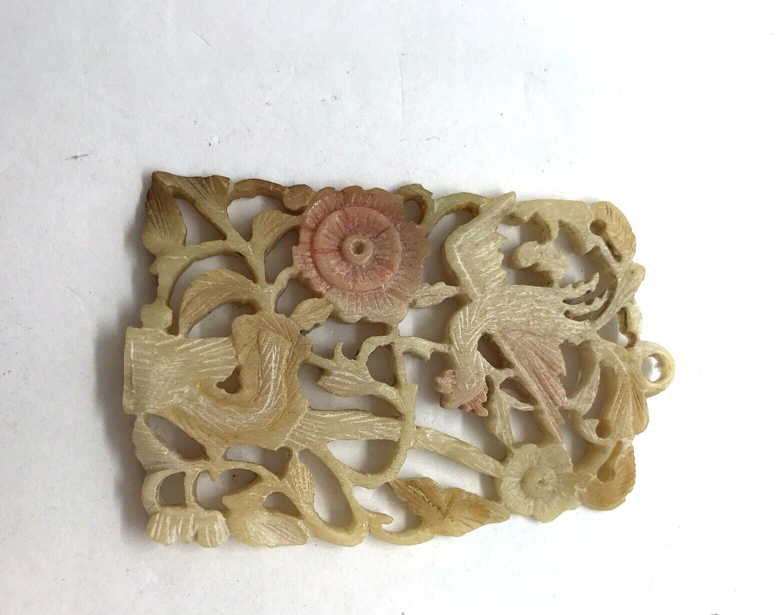 Vintage Carved Celluloid Pendant Bird Flower Roos… - image 3