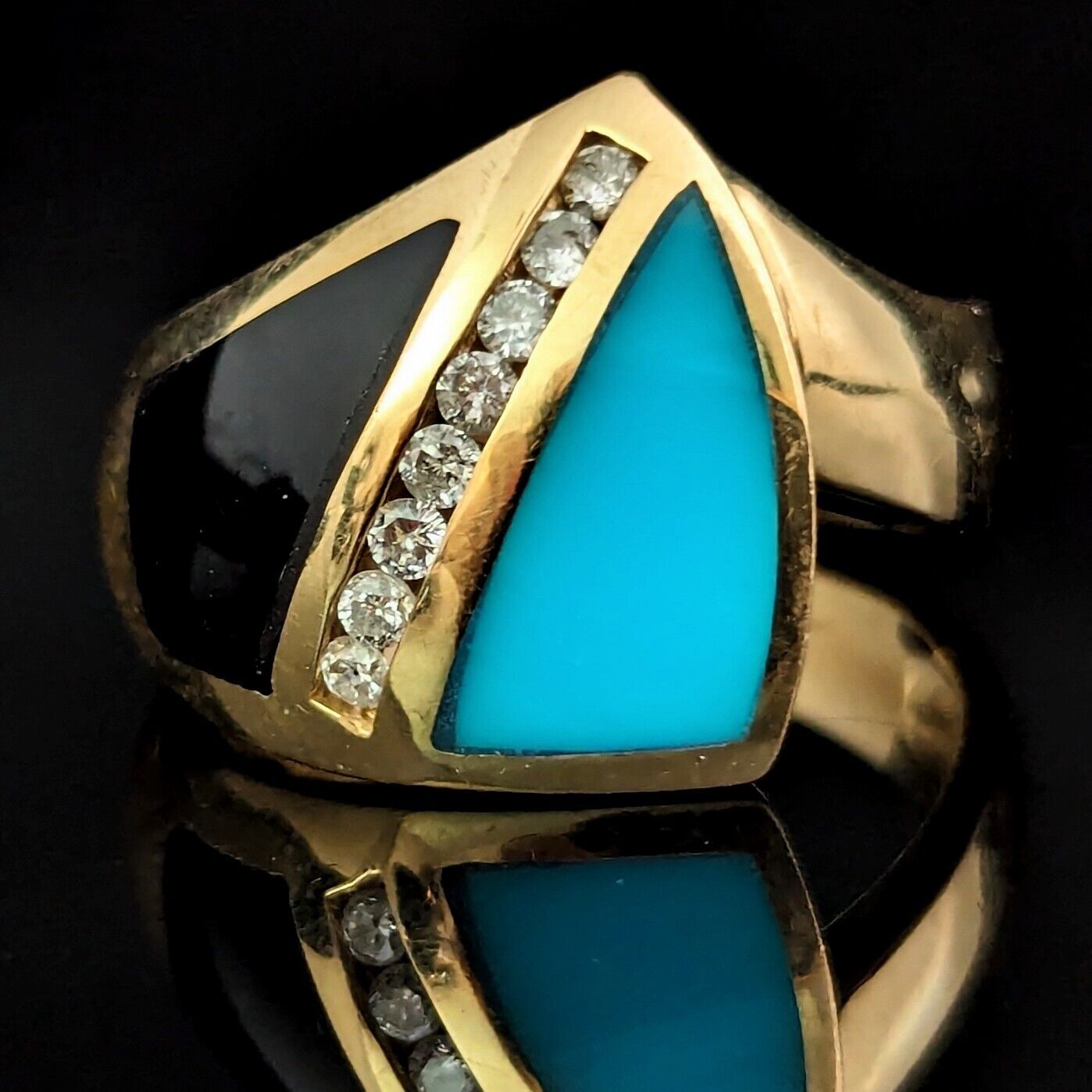 Vintage Diamond Turquoise Diamond 14k Yellow Gold… - image 11