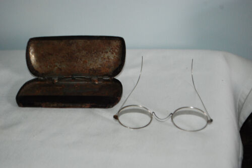 Antique EYE GLASSES Round Silver  Frames And Case - image 1