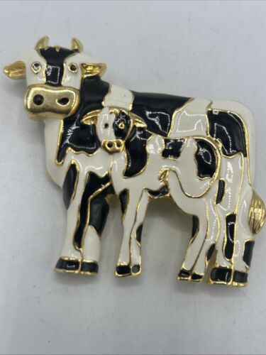 Vtg Cow and Calf Enamel Gold tone Black and White 