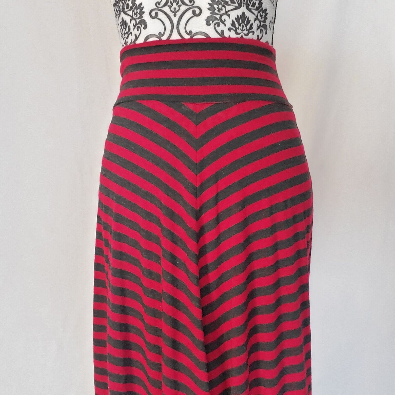 Red And Gray Black Striped Stretchy Maxi Skirt Si… - image 2