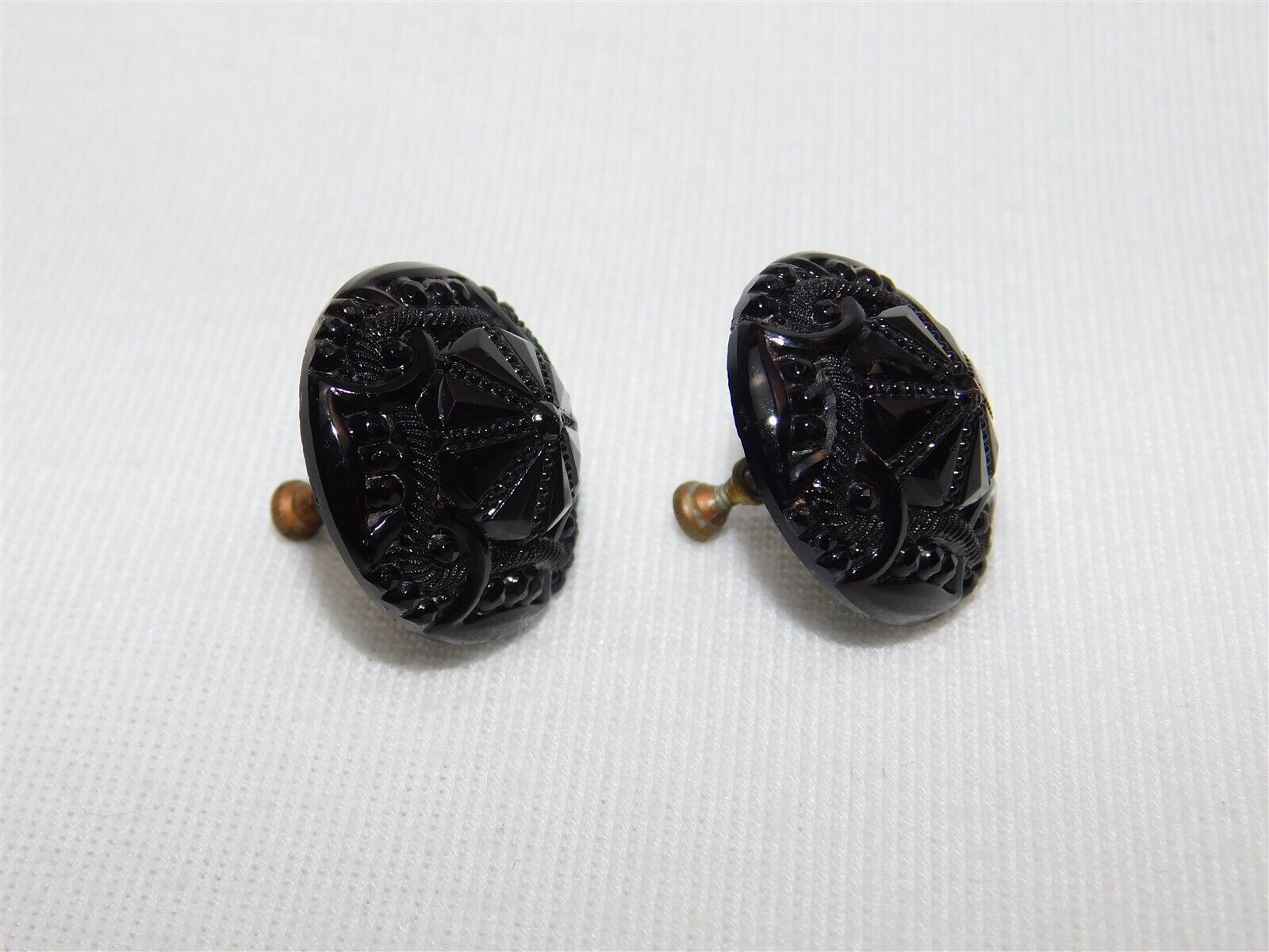 Antique Carved Black Glass French Jet Screw Back … - image 4