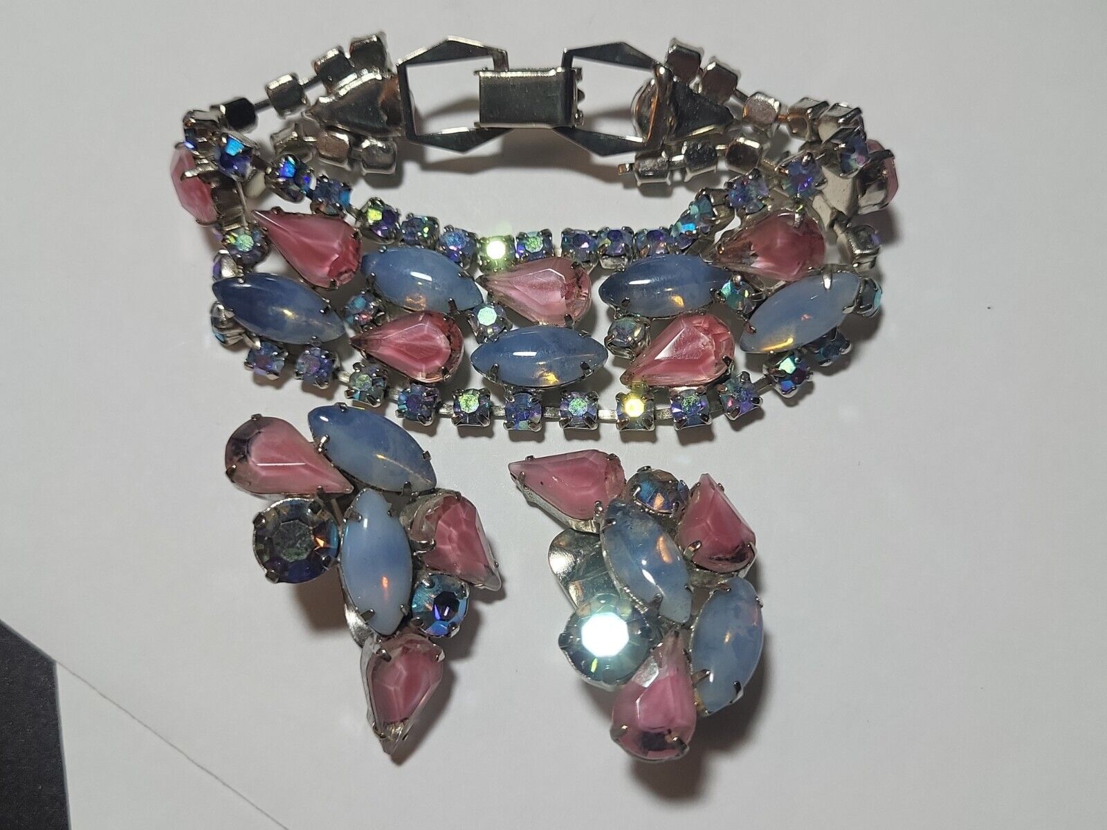 VINTAGE PASTEL PINK BLUE RHINESTONE BRACELET & CL… - image 2