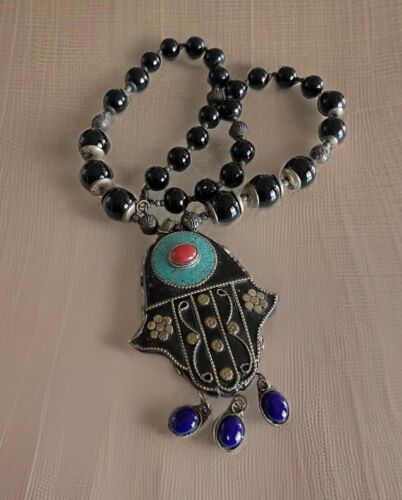 Vintage Nepal Tibetan Necklace Black Agate Ethnic… - image 1