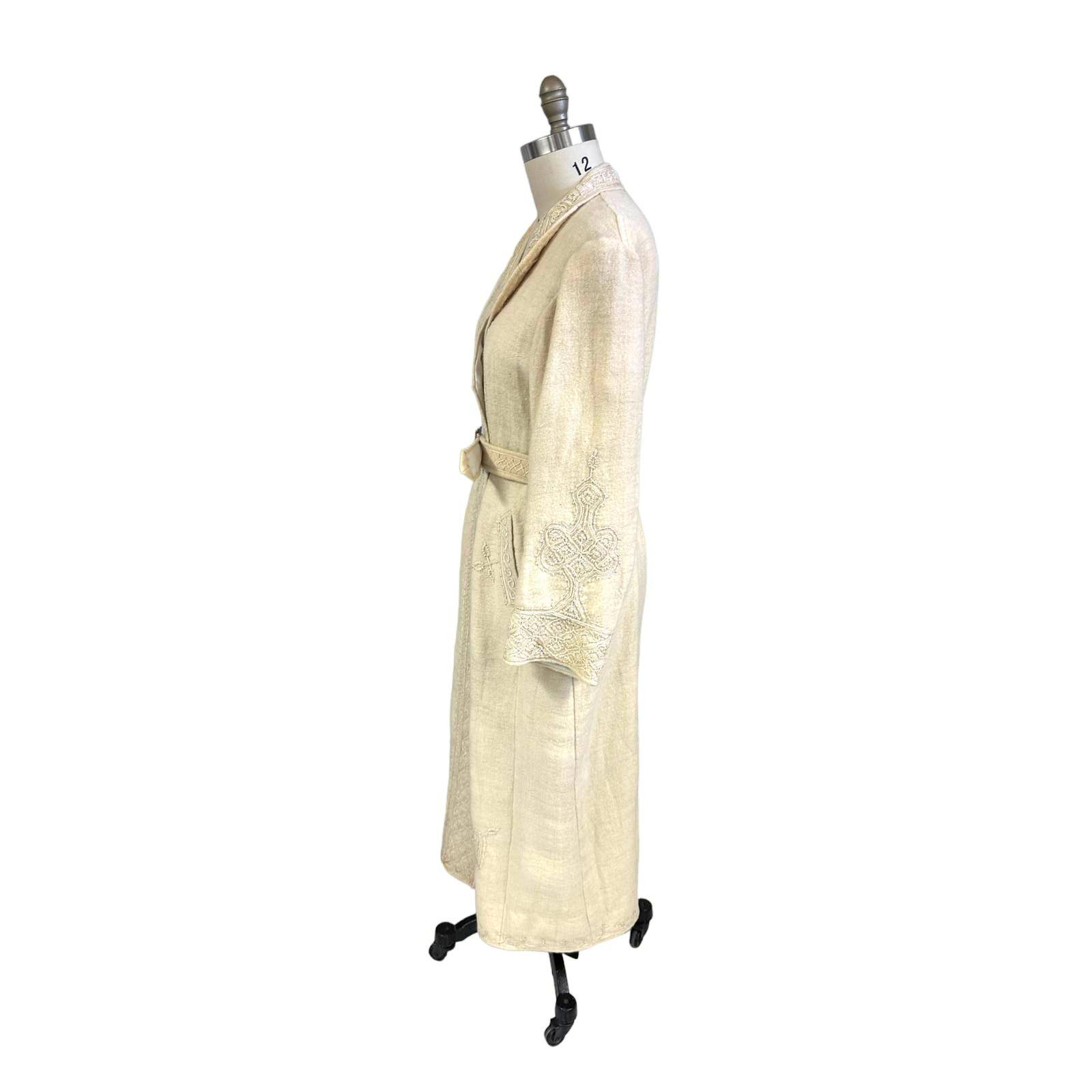 Antique Handwoven Wool Coat Edwardian Cream Embro… - image 10