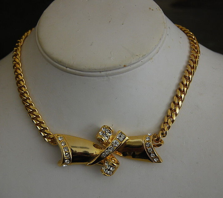 ELEGANT VTG COUTURE GOLDEN METAL BOW & RHINESTONE… - image 1