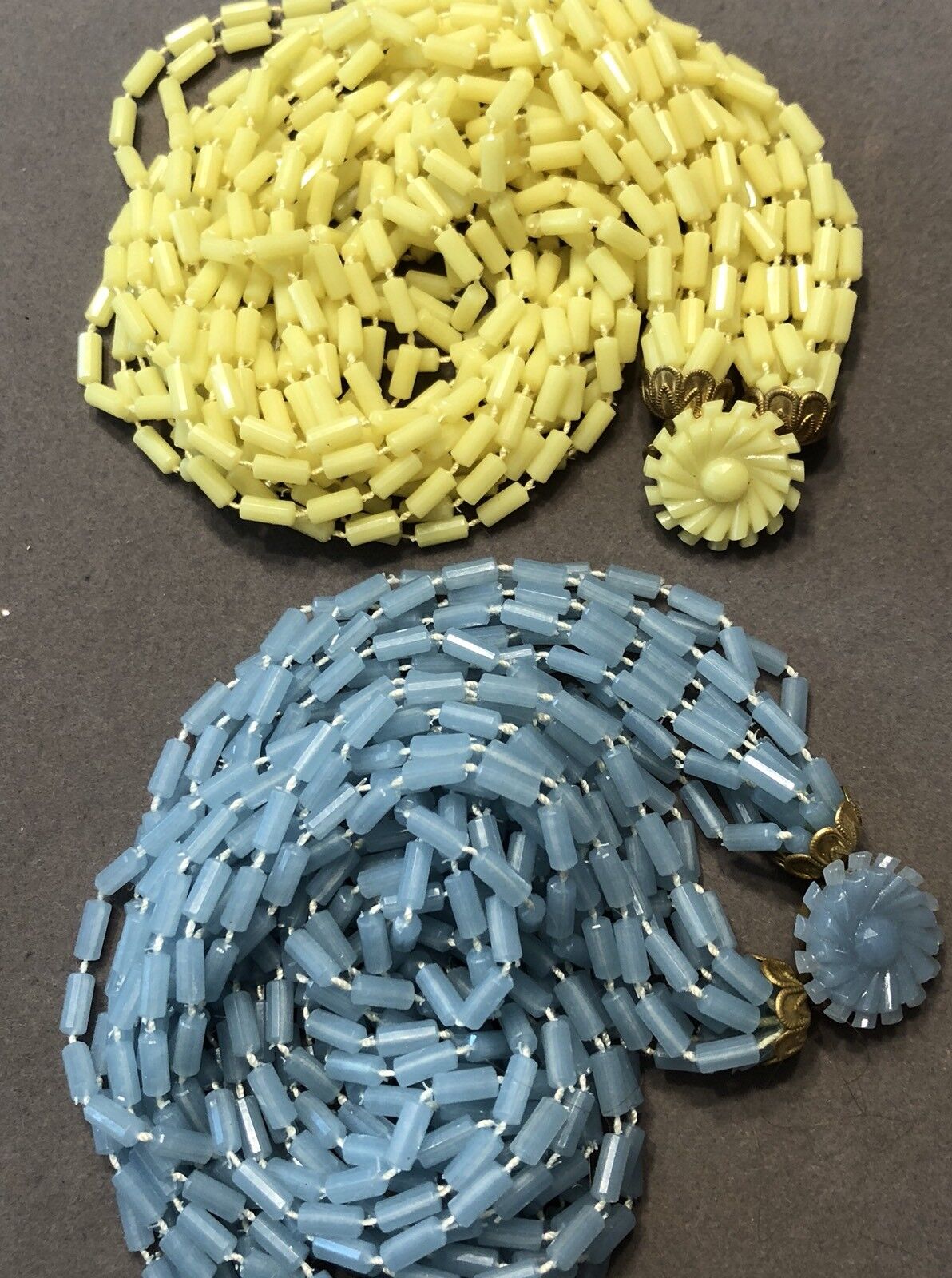 Vtg W German Plastic Blue & Yellow Tube Bead Tors… - image 1