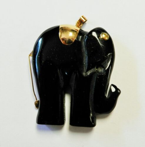 585 14K Yellow Gold Carved Black Onyx Elephant Pe… - image 1